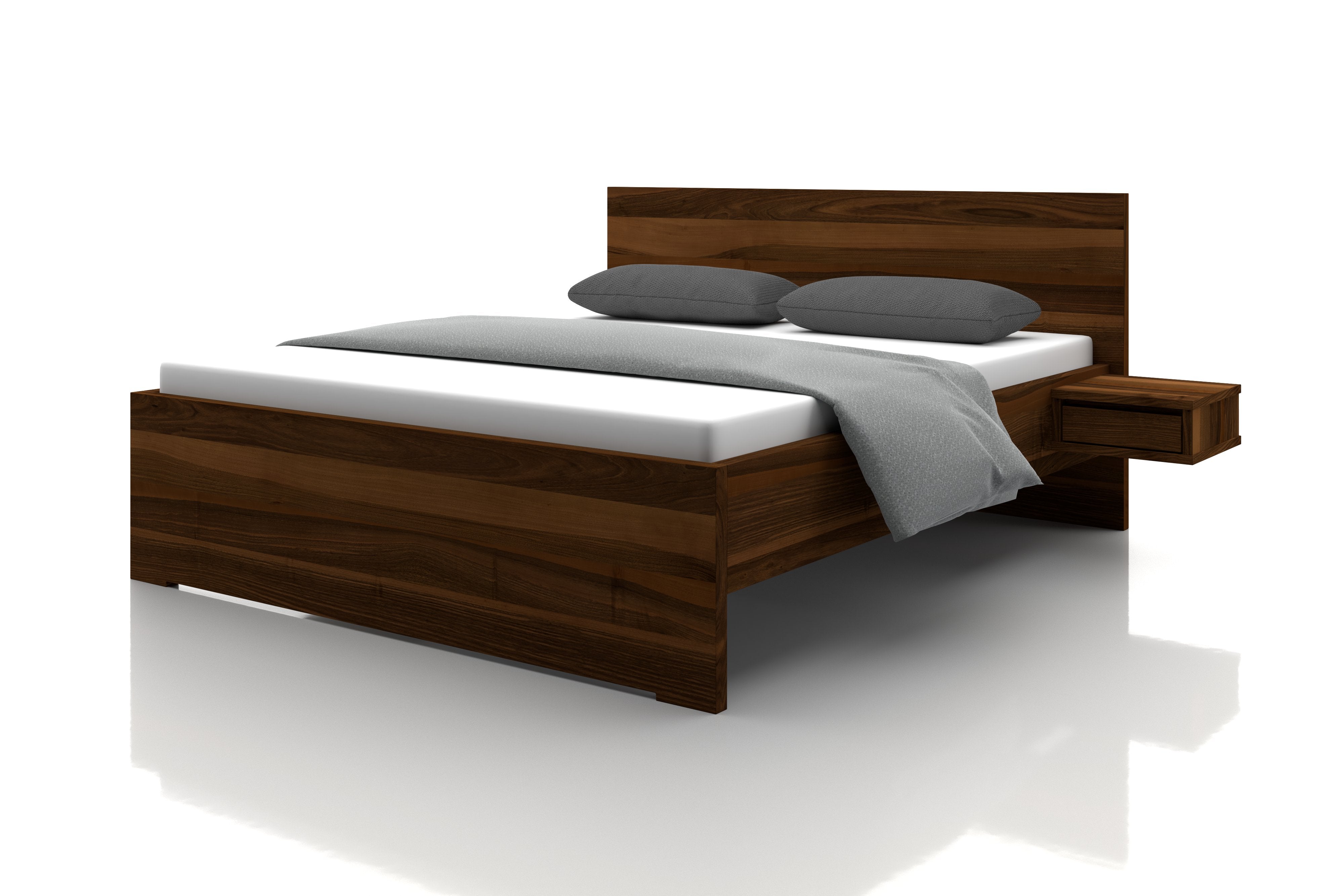 Nussbett Nussbaum Bett mit schwebenden Nachtkästchen 