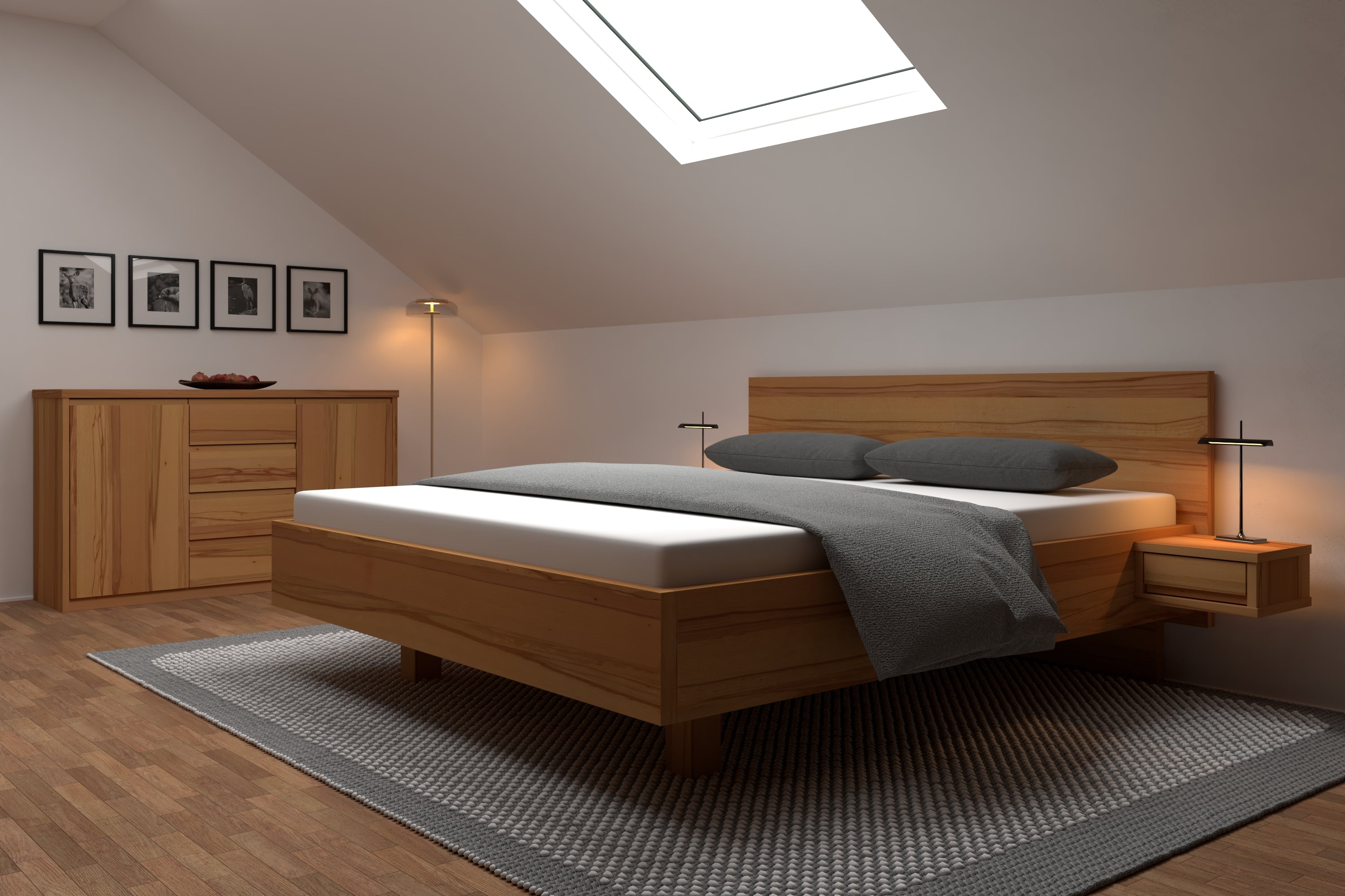 Buchenbett Nora in modernem Schlafzimmer mit Dachschräge