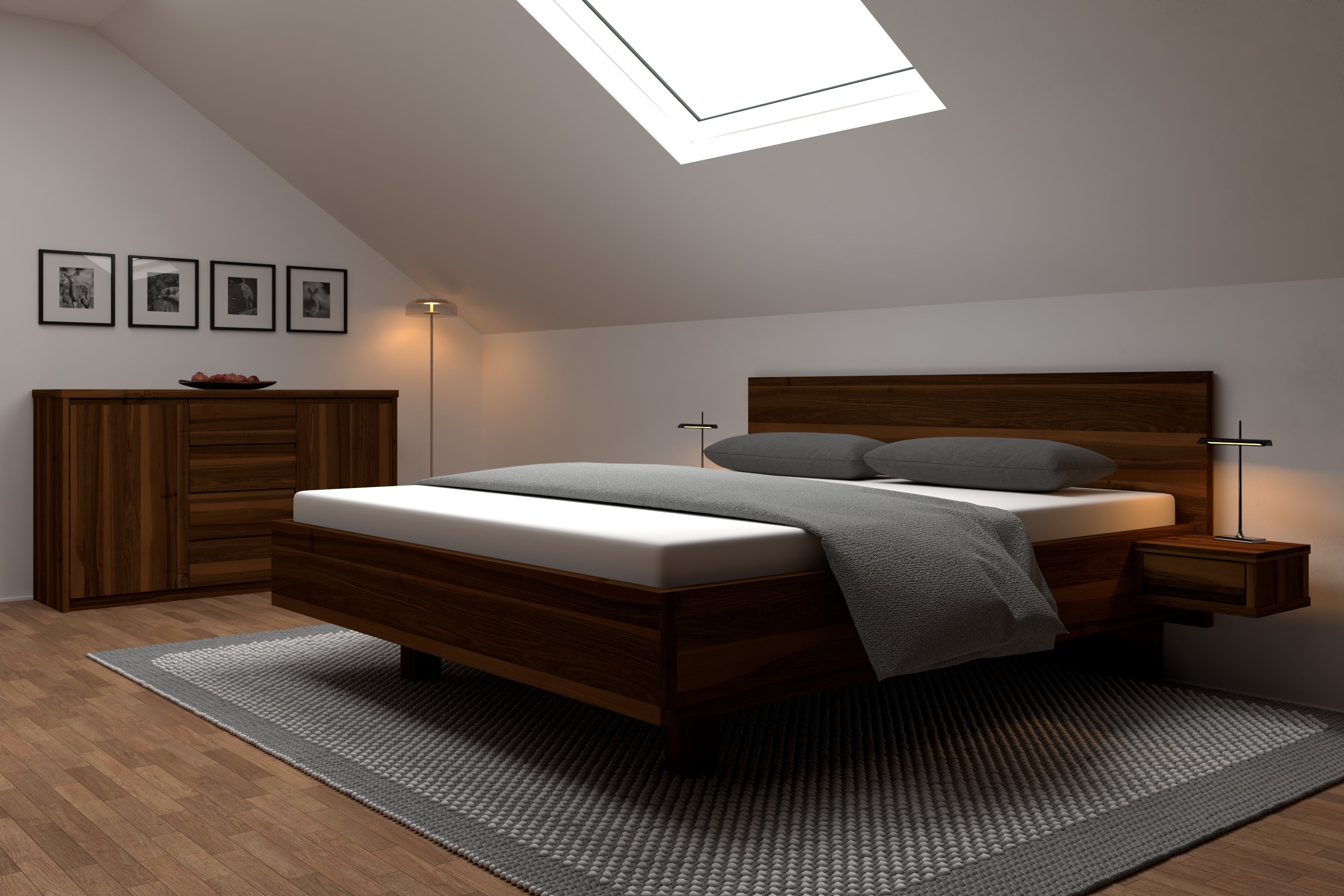 Nussbaum Bett Nora in einem modernen Schlafzimmer mit Dachschräge